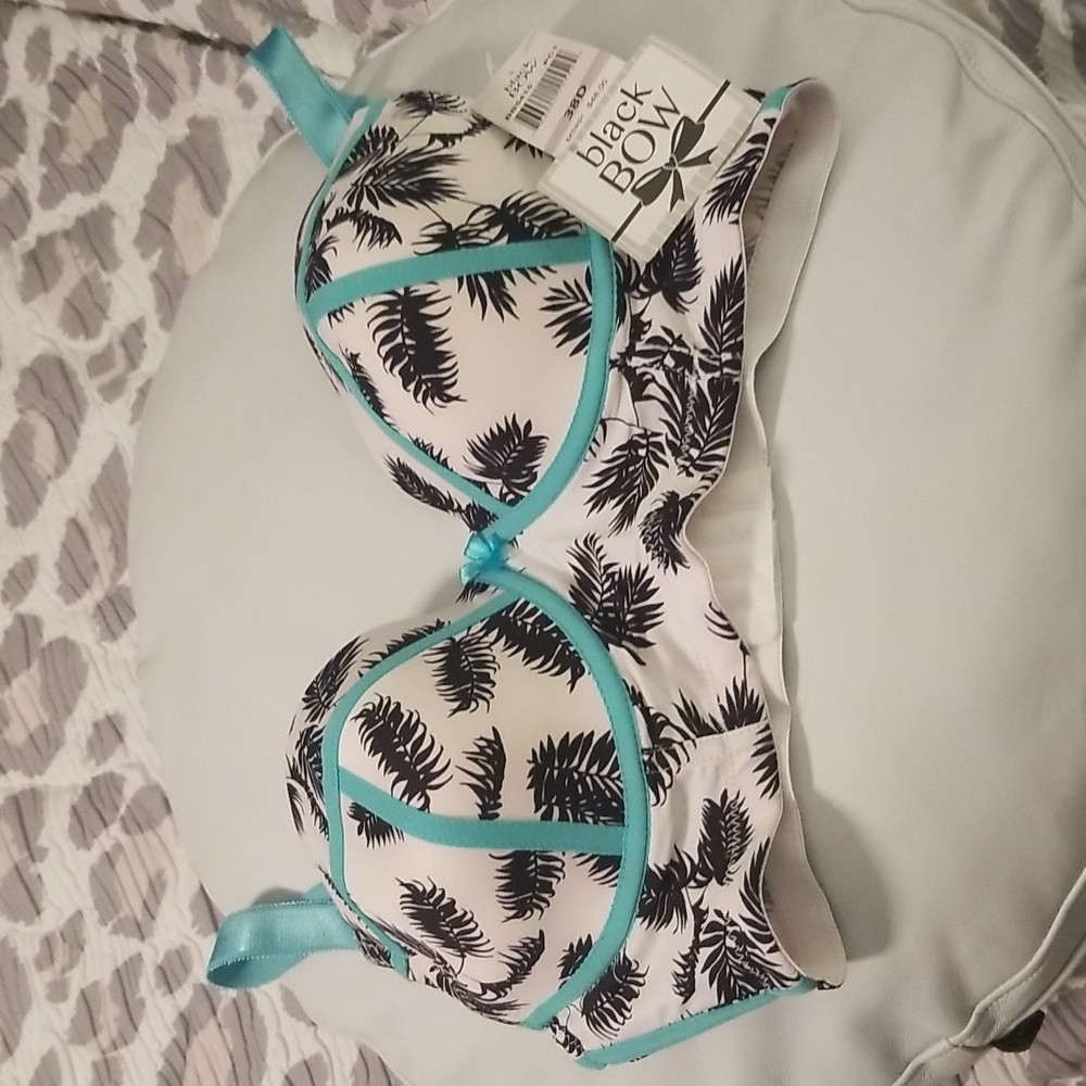 Black Bow Intimates Lingerie; Black White  and Turquoise; Size 38D; NWT